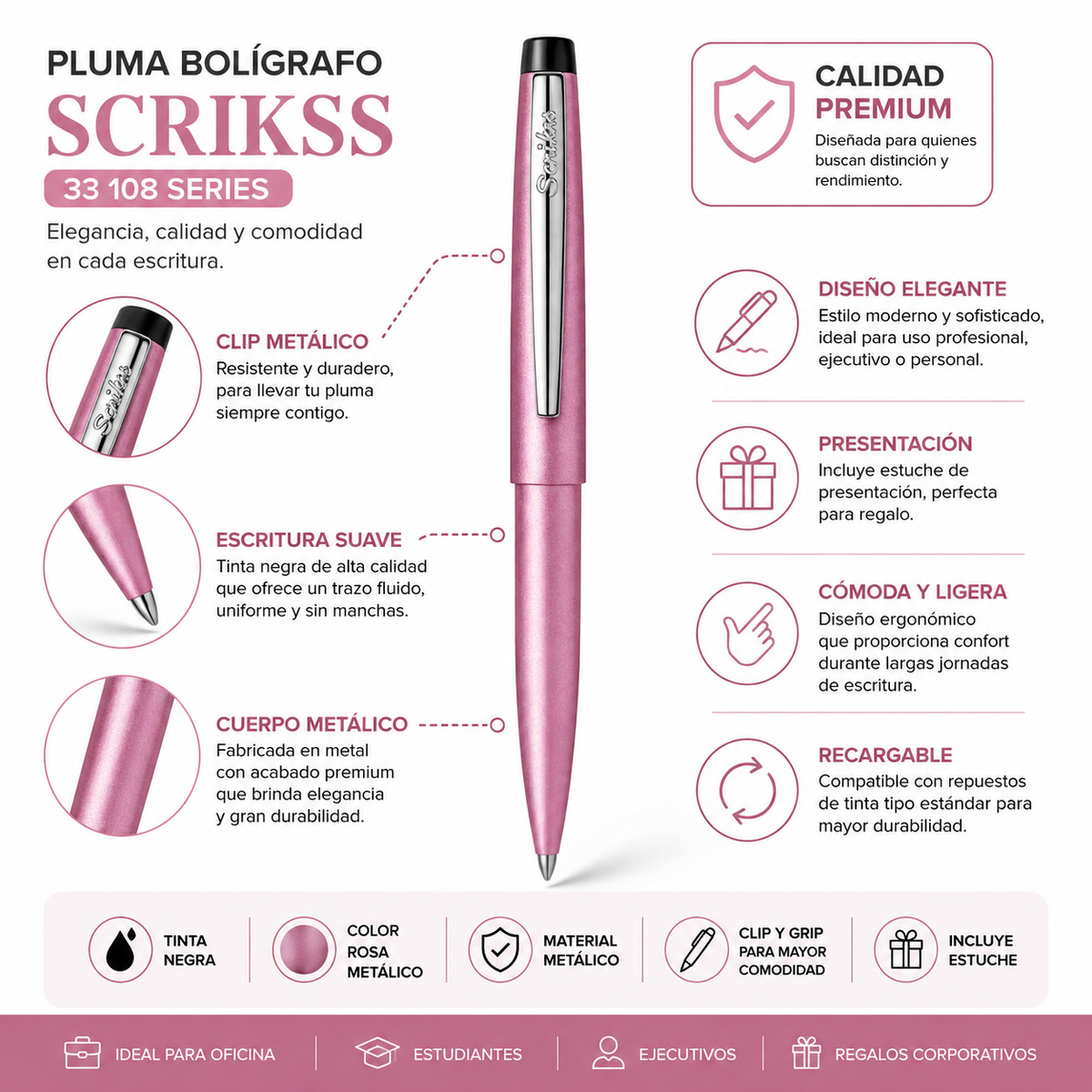 Bolígrafo Scrikss F108 Rosa Metálico Tinta Negra