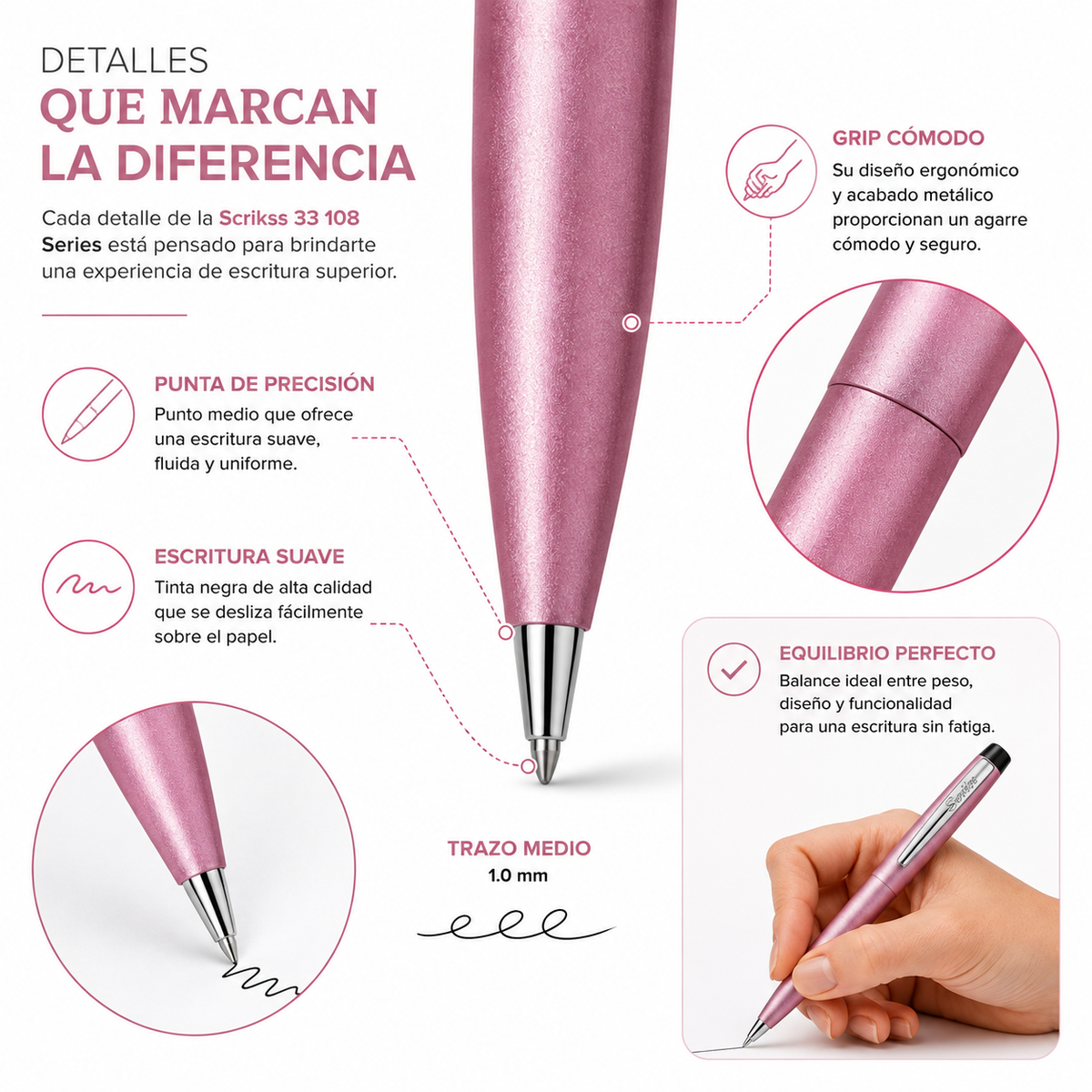 Bolígrafo Scrikss F108 Rosa Metálico Tinta Negra