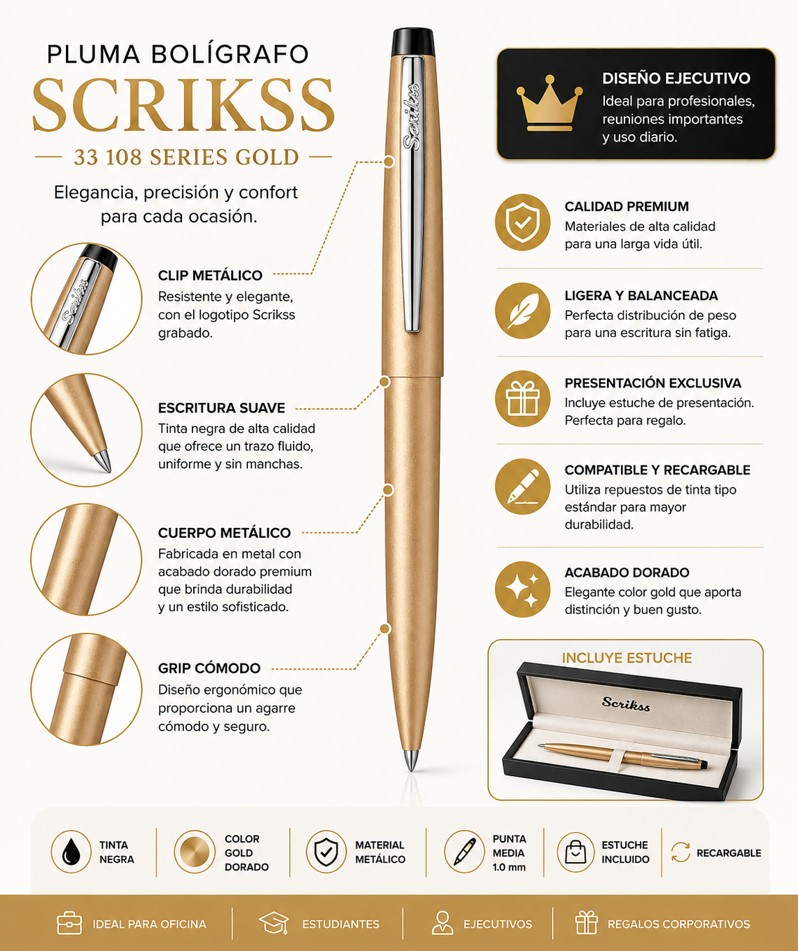 Bolígrafo Premium Metálico Scrikss F108 Gold Tinta Negra