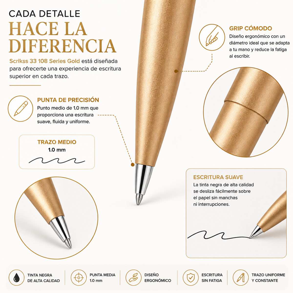 Bolígrafo Premium Metálico Scrikss F108 Gold Tinta Negra