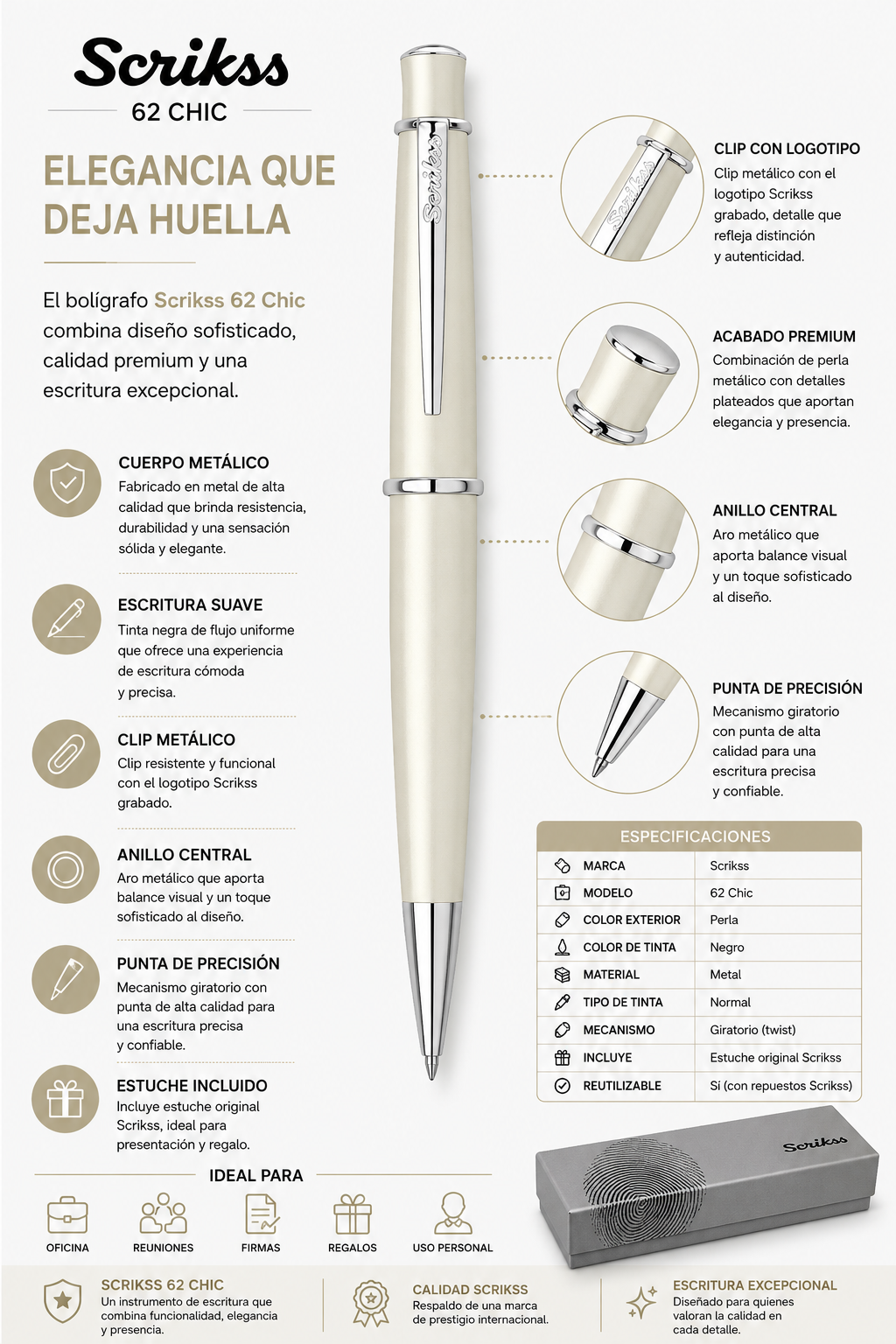 Boligrafo Scrikss 62 Chic Perla Metalico Tinta Negra