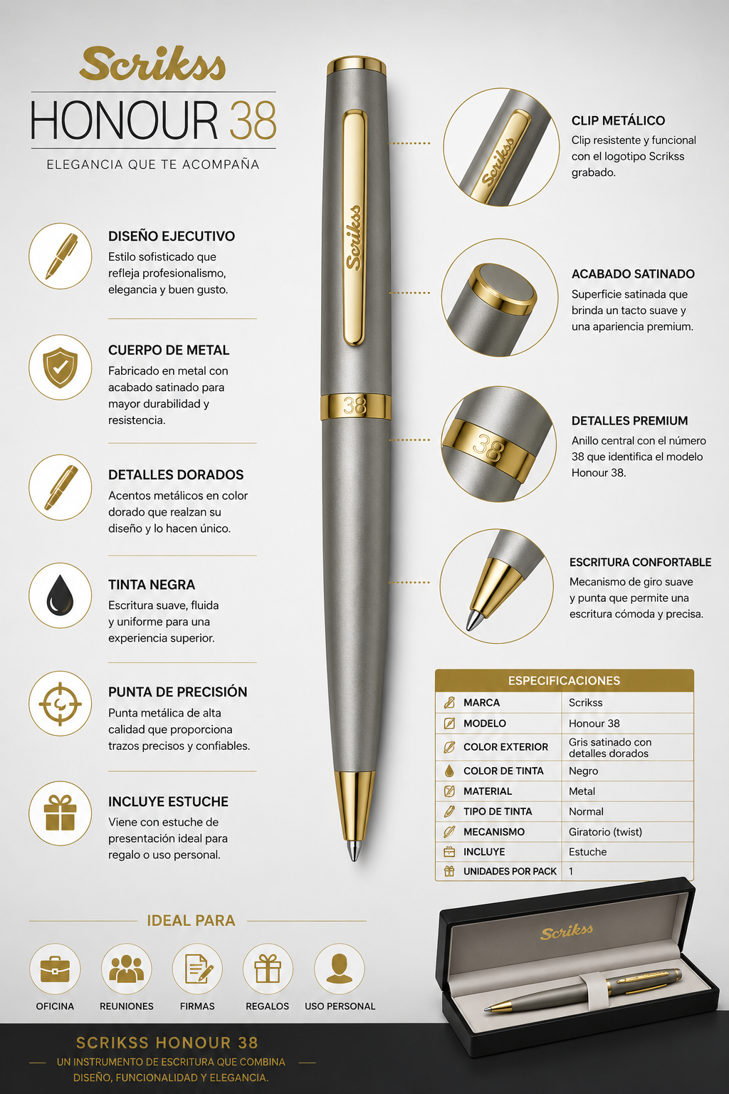 Boligrafo Scrikss Honour 38 Satinado Dorado Con Estuche