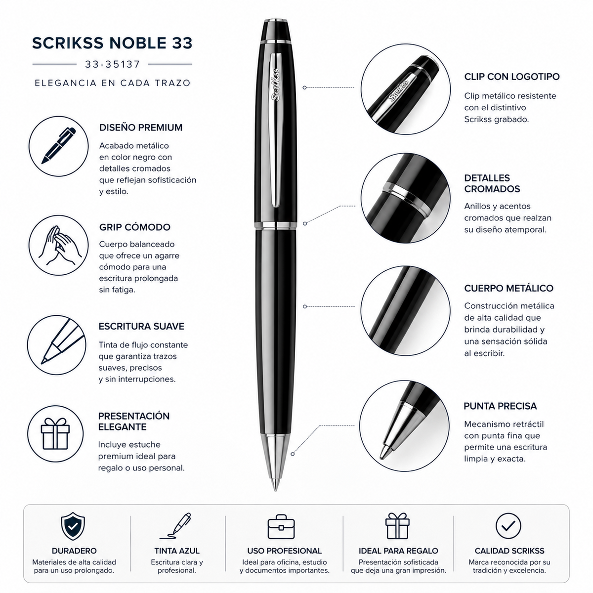 Bolígrafo Scrikss Noble 35 Negro Brillante con Estuche
