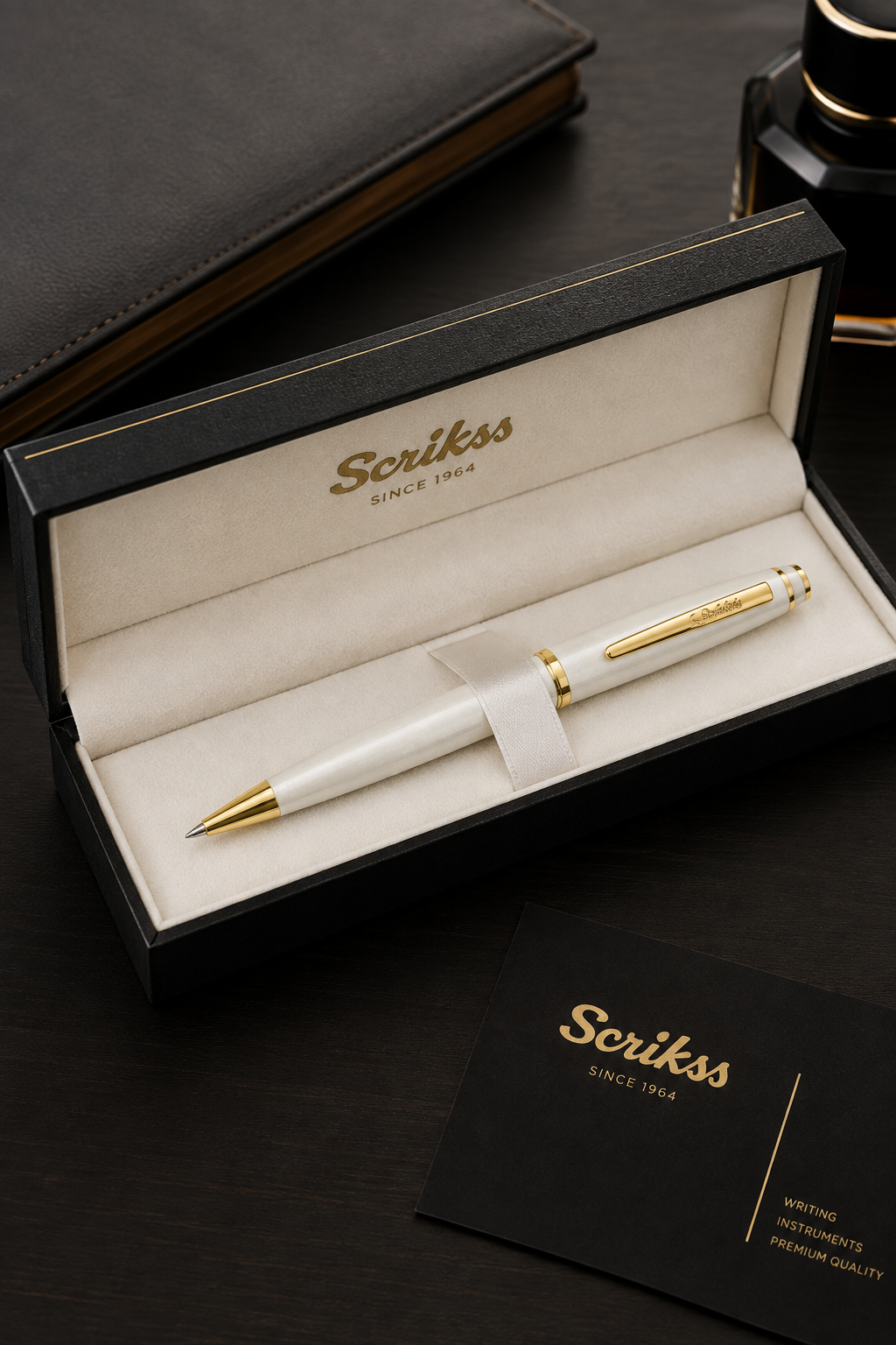 Bolígrafo Scrikss Noble 35 Blanco Perla Dorado con Estuche