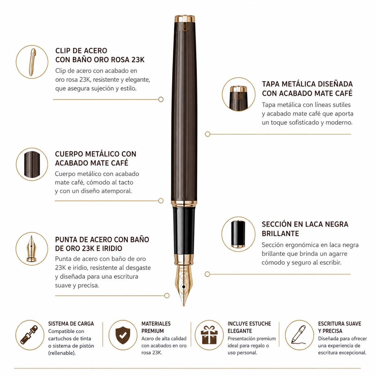 Pluma Fuente Scrikss Oskar 39 Café Oro Rosa con Estuche