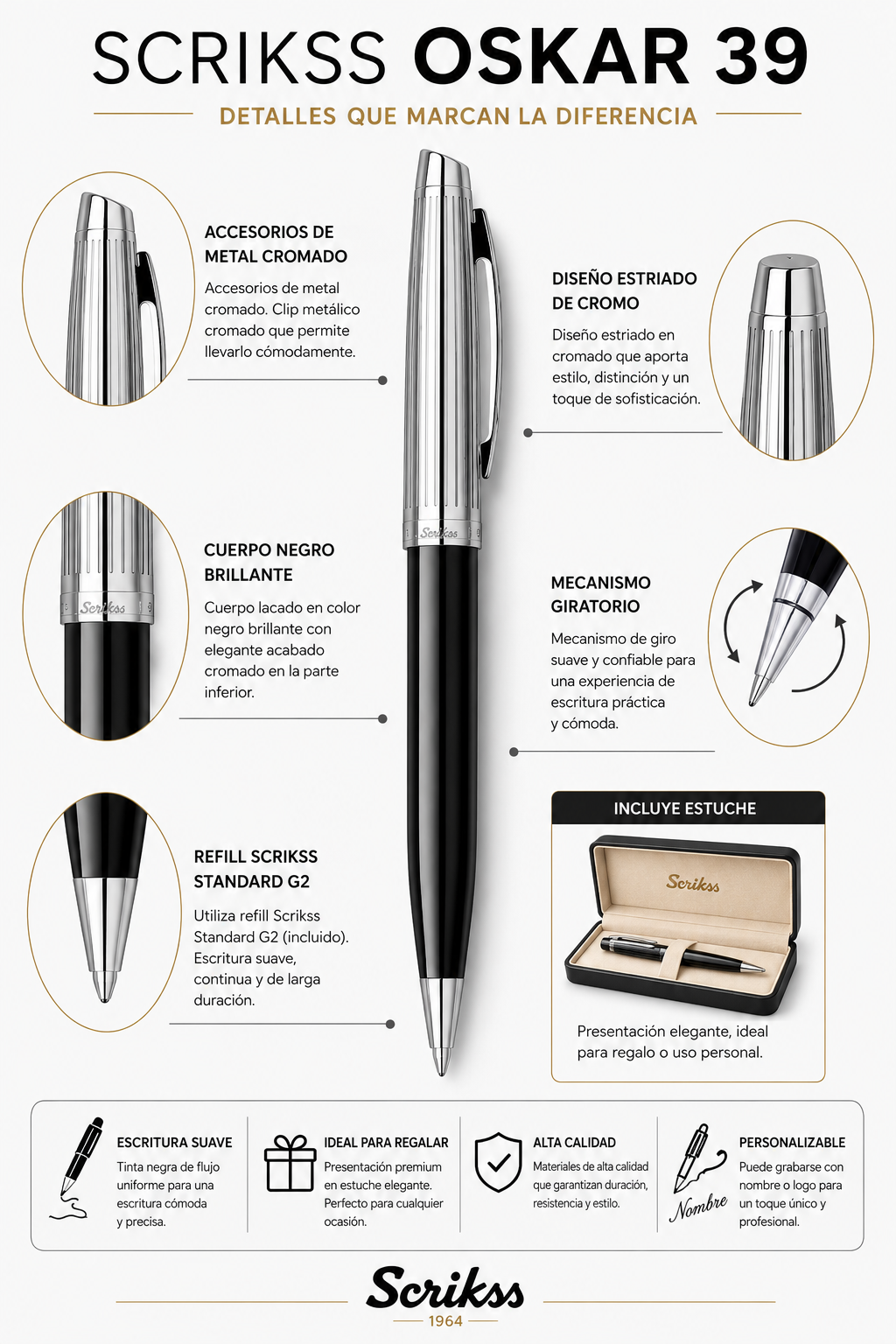 Boligrafo Scrikss Oscar 39 Negro Cromo Metalico Estuche