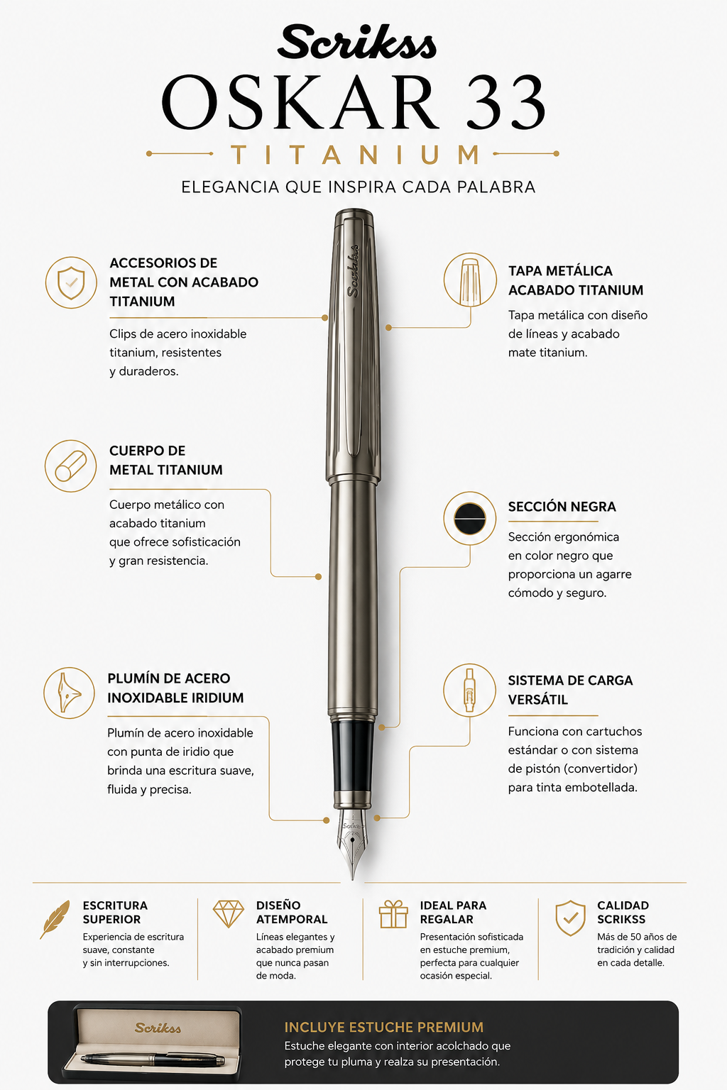 Pluma Fuente Scrikss Oscar 39 Titanium Metalica Estuche
