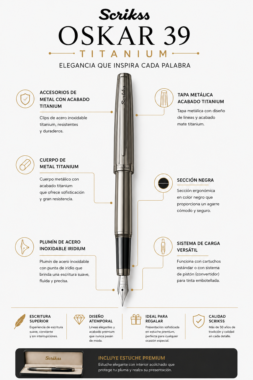 Pluma Fuente Scrikss Oscar 39 Titanium Metalica Estuche