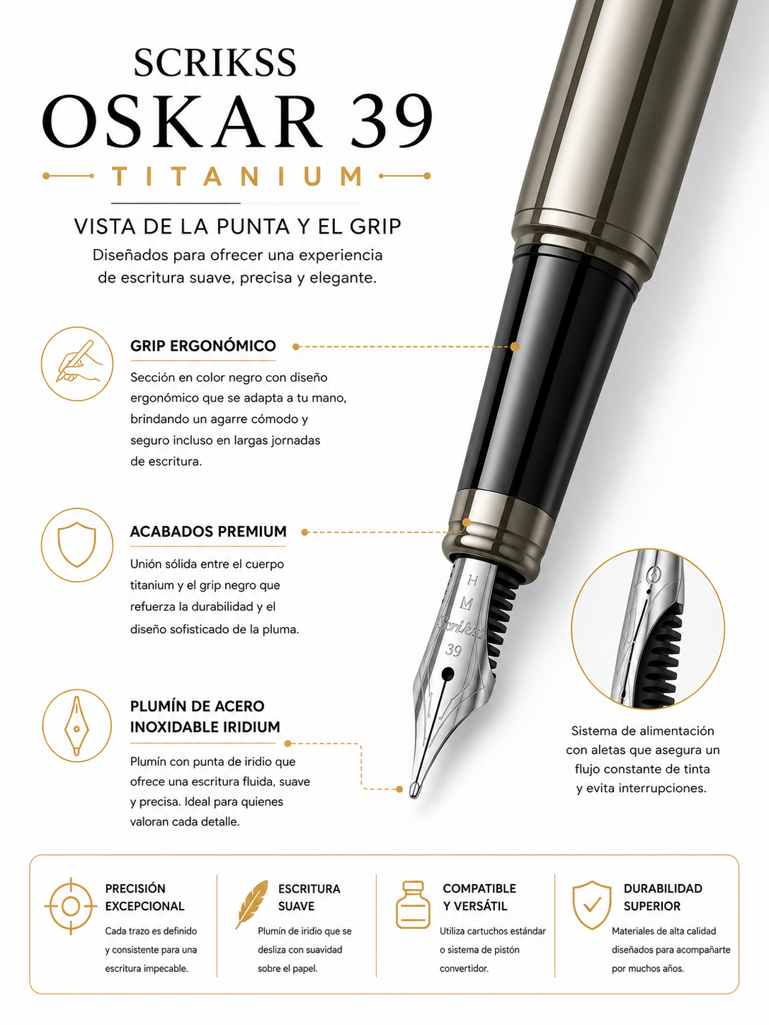 Pluma Fuente Scrikss Oscar 39 Titanium Metalica Estuche