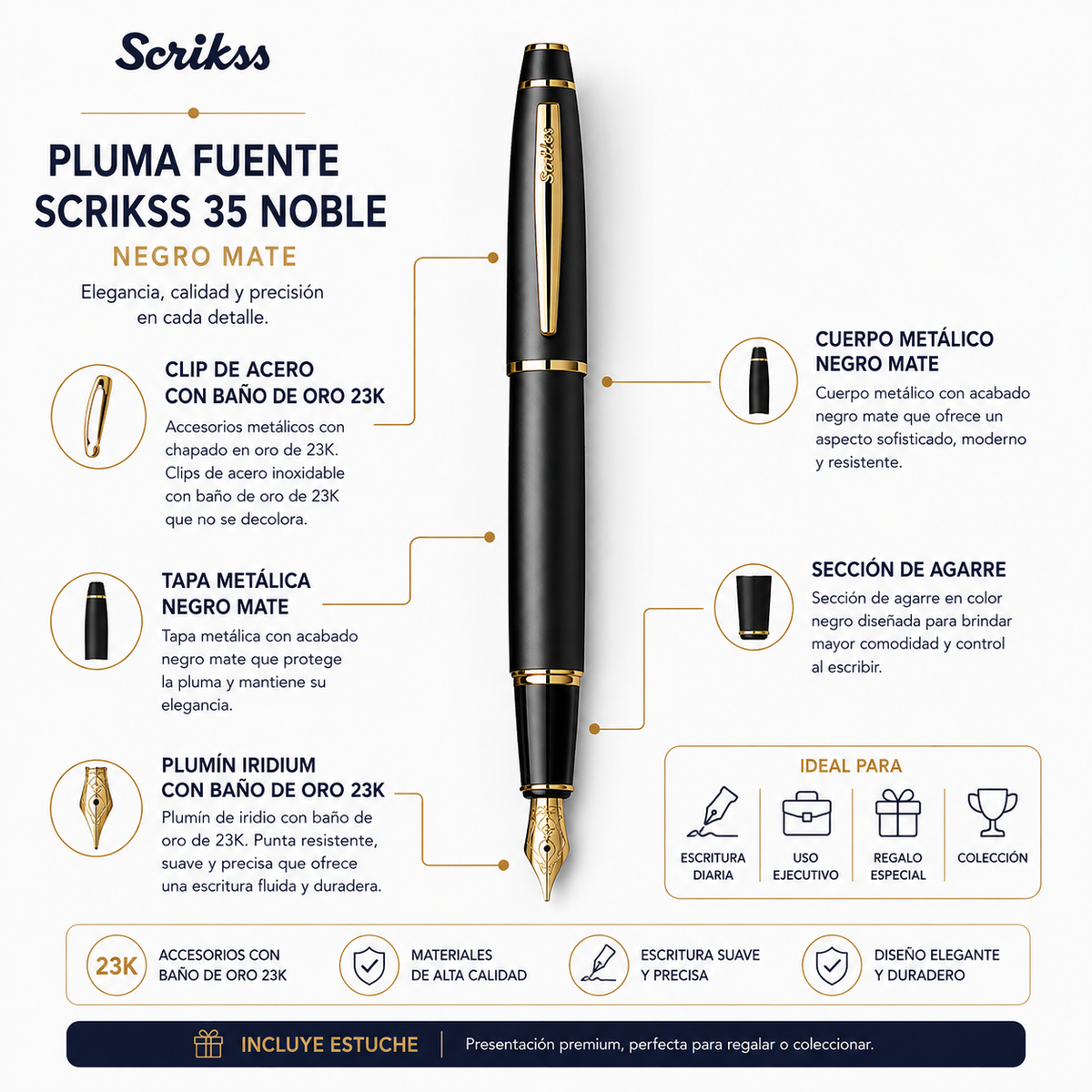 Pluma Fuente Scrikss Noble 35 Negro Mate Dorado con Estuche