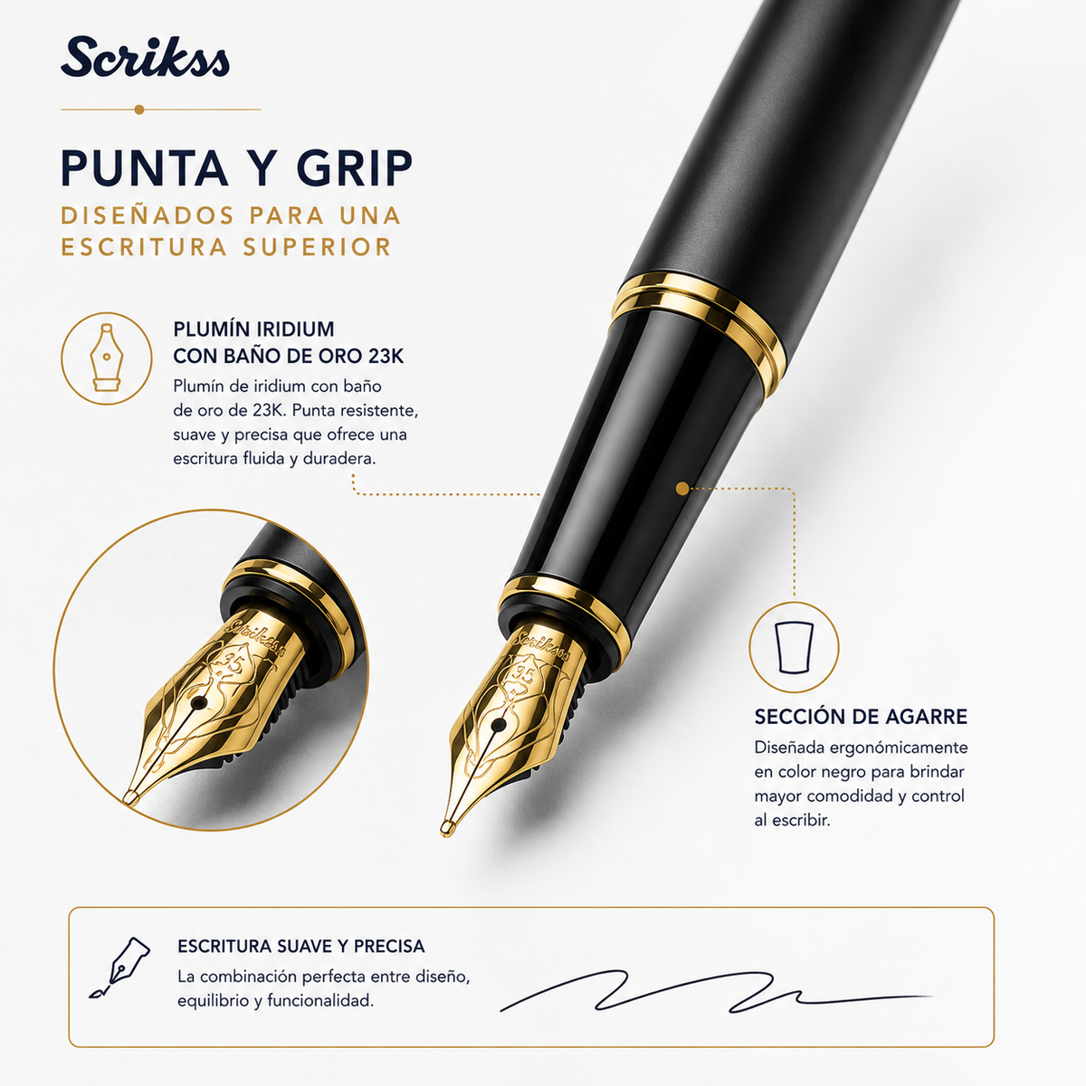 Pluma Fuente Scrikss Noble 35 Negro Mate Dorado con Estuche