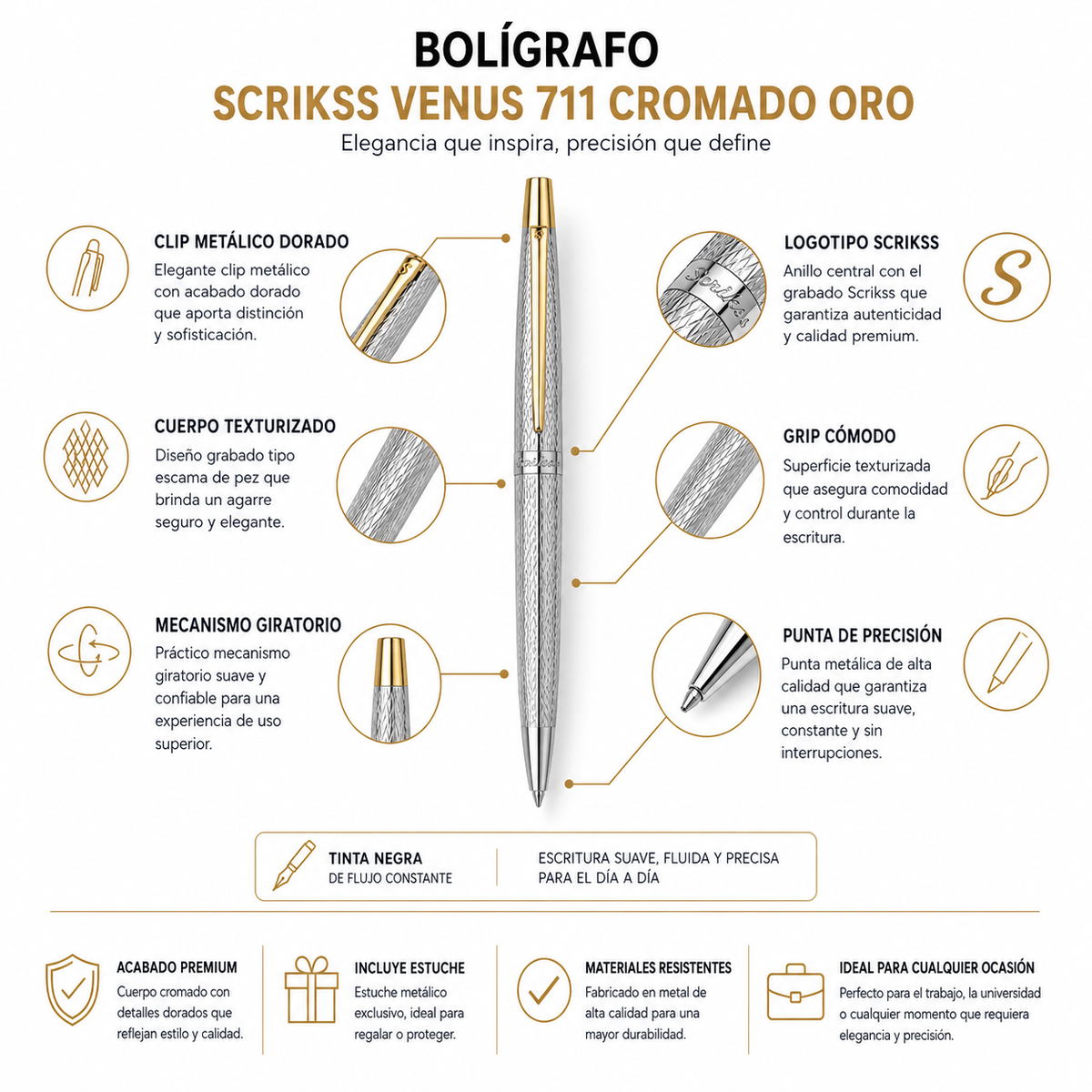 Bolígrafo Scrikss Venus 711 Cromo Oro con Estuche