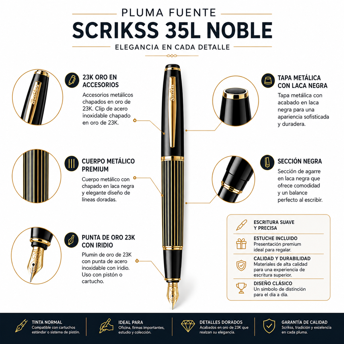 Pluma Fuente Scrikss Noble 35L Negro Oro con Estuche