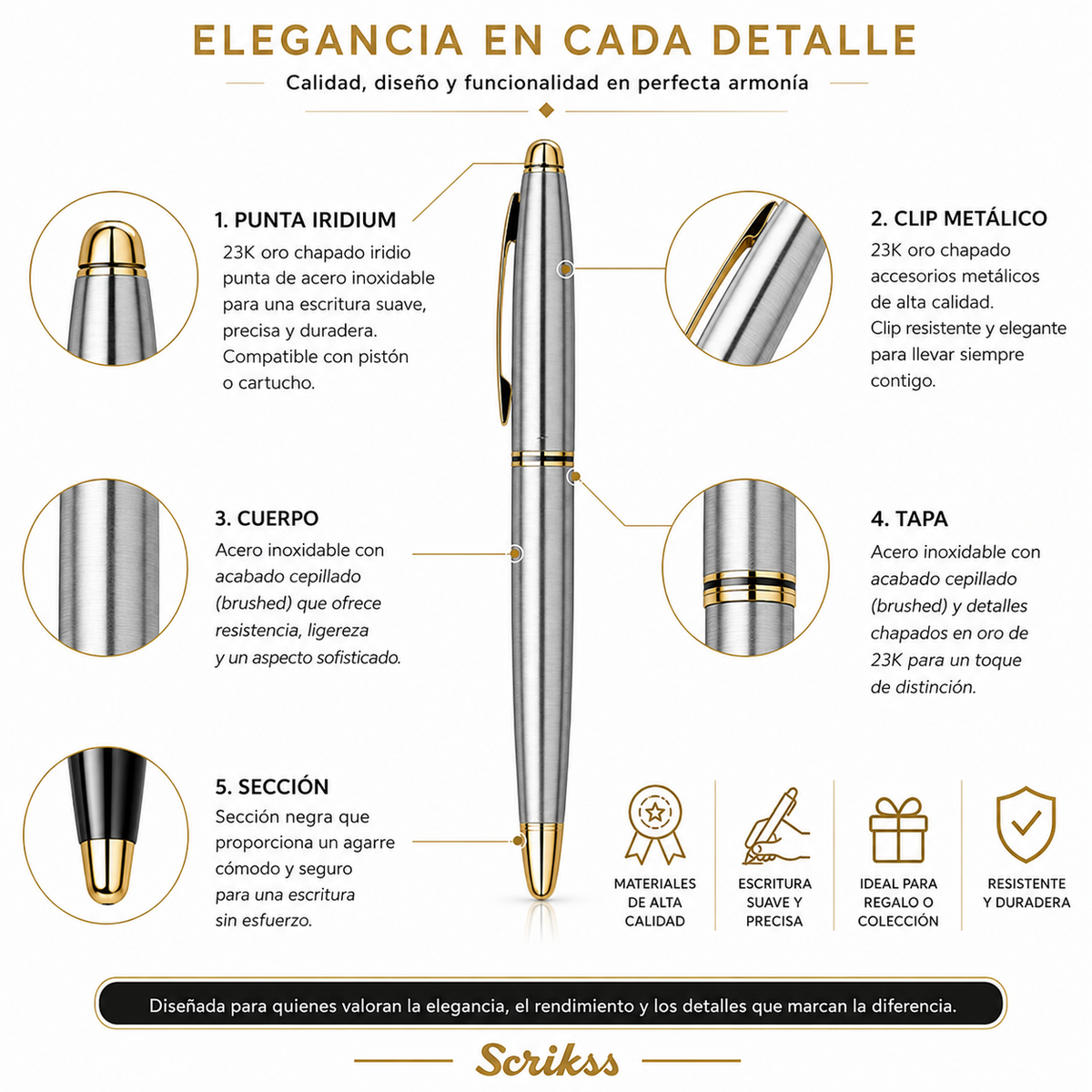Pluma Fuente Scrikss 88 Knight Cromo Oro con Estuche