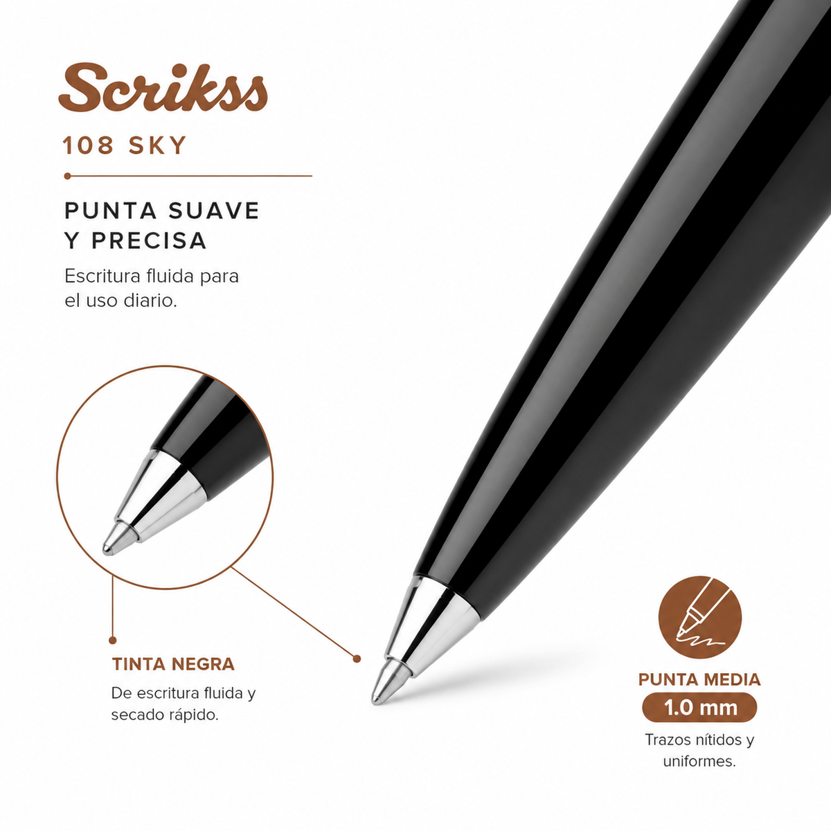 Bolígrafo Scrikss 108 Sky Negro Cromo