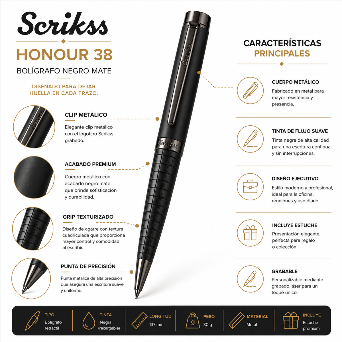 Boligrafo Scrikss Honour 38 Negro Mate Con Estuche