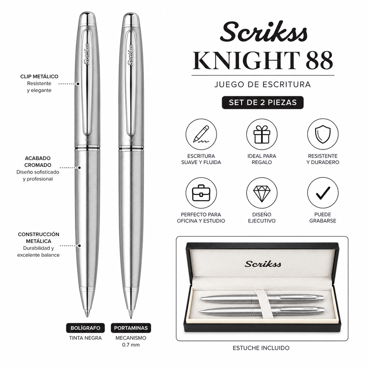 Juego Scrikss Knight 88 Bolígrafo Portaminas Cromado